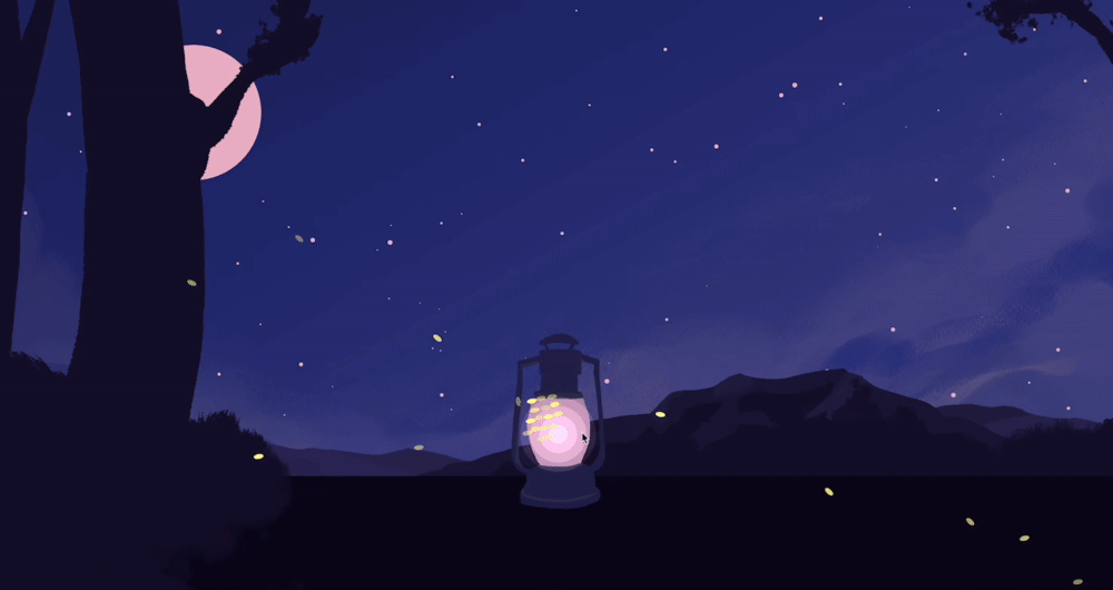 an animation of an illustrated lantern with programmed fireflies that flee a browser mouse