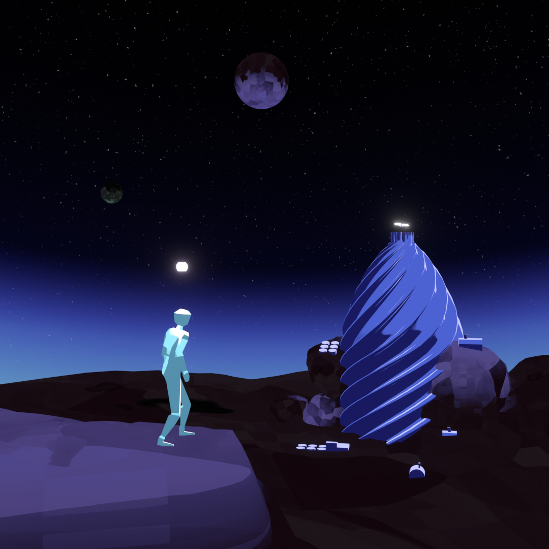 A 3d render of a figure finding an obelisk on an alien planet