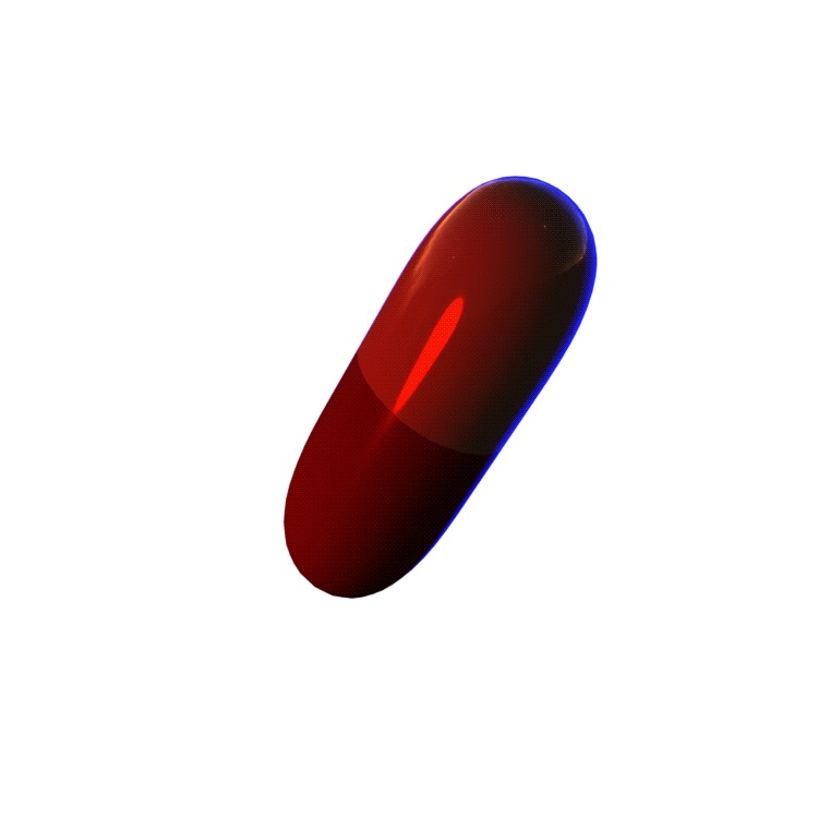 A gif of a red pill floating in 3d space.